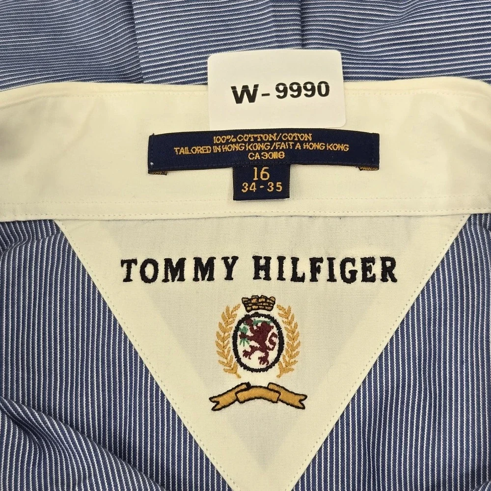VINTAGE Tommy Hilfiger Men Button Up Shirt 16X34 Blue Embroidered Striped Crest